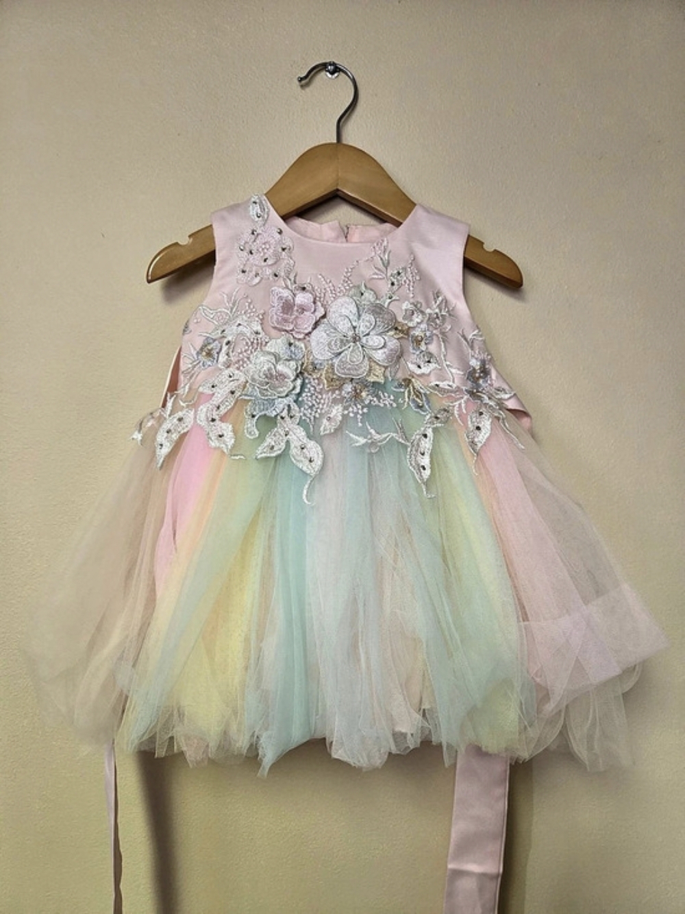 Girls Floral Tulle Party Dress in Rainbow Pastel 6-12 Month